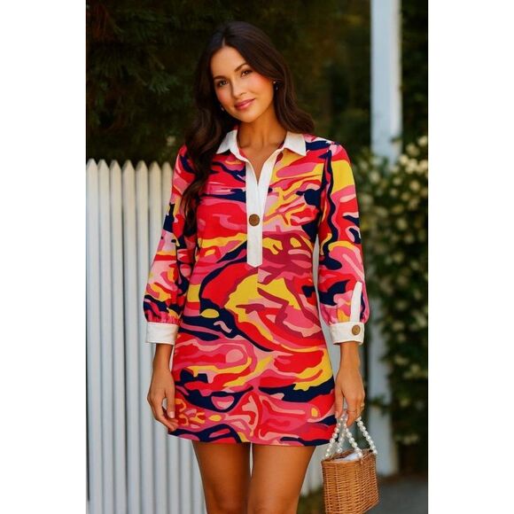 CK Bradley Shirt Dress  Pink Reef Pattern Funky Dopamine Long Sleeve Barbiecore - Picture 1 of 10